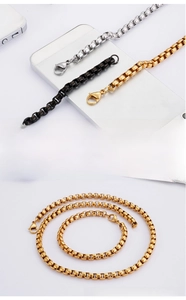 Polished stainless steel box chain necklace and bracelet set in gold silver and black