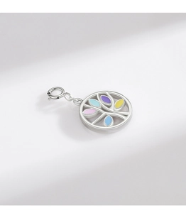 Detailed close-up of a S925 sterling silver Tree of Life charm with colorful enamel inlay
