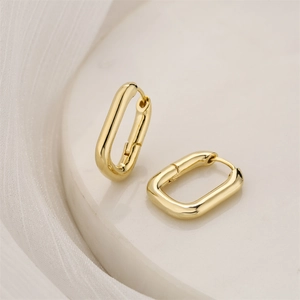 Geometric Rectangle Hoop Earrings Copper 14K Gold Plated 925 Sterling Silver Earring Post Retro Simple Style For Women
