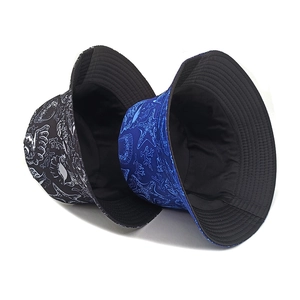 Detail of reversible bucket hat showing ocean print and solid black inner lining