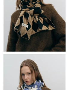 Close-up of dual-tone diamond knit scarves in brown, black, blue and white colors
