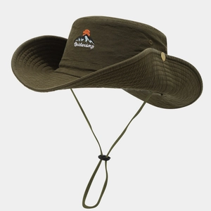 Close-up of olive green outdoor sun hat with mountain embroidery and adjustable wind rope