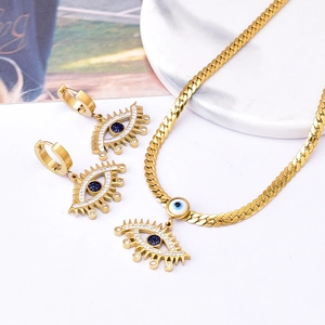 Ensemble de Bijoux en Acier Titane Œil du Diable Plaqué Or Strass Bleu Collier Pendentif Boucles d'Oreilles Bijoux Mode Femme