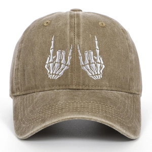 Vintage washed cotton baseball cap with white skeleton hands embroidery in khaki