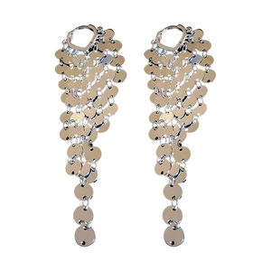 Elegant silver tassel earrings with round sequins and zircon leaf details for women