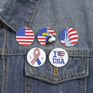 5-piece set of USA patriotic metal pins with eagle and flag on denim jacket