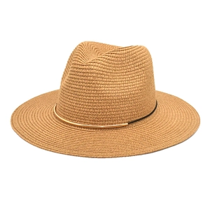 Fashion Straw Woven Fedora Hat Summer Outdoor Sun Protection Breathable British Style Jazz Hat With Gold Metal Decor