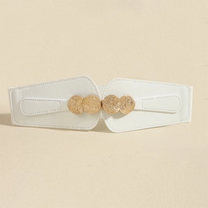 Close-up of white elastic waist belt featuring a textured gold interlocking round buckle