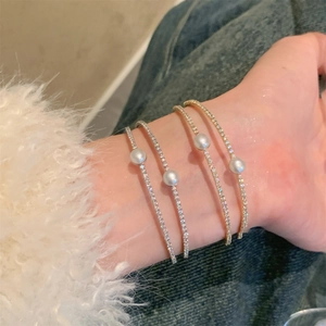 Elegant Double Layer Artificial Pearl Zirconia Bangle For Women Korean Light Luxury Style Gold Silver Plated Open Bracelet Jewelry