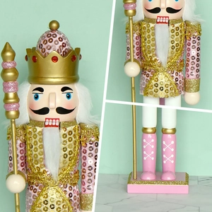 Pink and gold 30cm wooden nutcracker king with sequins and a scepter for Christmas decor
