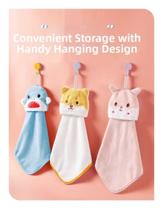 Detail of hanging coral fleece hand towels with cute 3D cartoon animal embroidery