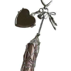 Silver lipstick pouch keychain with heart locket and bow charm for women bags