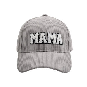 Light gray corduroy baseball cap for women with white MAMA towel embroidery logo