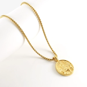 18k gold plated stainless steel religious medallion necklace with Virgin Mary relief pendant