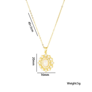 Gold star and moon necklace with opal stone and pearl accents on white background
