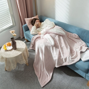 Detailed texture of thick pink plush blanket with soft white fleece decor for home comfort