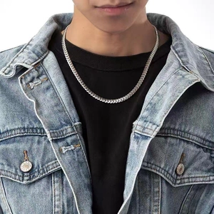 Detail of silver titanium steel Cuban link necklace worn by a model in casual wear