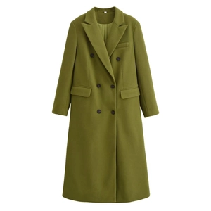 Cappotto Lungo In Lana Verde Oliva Da Donna Doppio Petto Revers Stile Francese Elegante Capispalla Poliestere