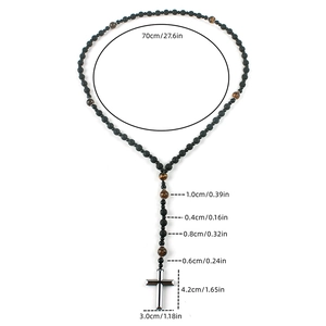 Lava stone and tiger eye bead necklace with hematite cross pendant and size dimensions