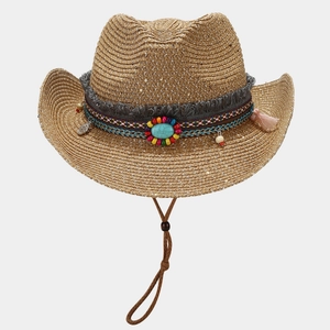 Ethnic bohemiam straw sun hat with turquoise bead and fringe for beach travel