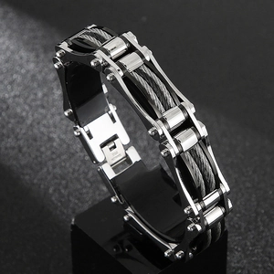Industrial bicolor stainless steel cable bracelet for men with mechanical woven design