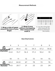 Size chart for vintage stainless steel rings with measurement guide and US sizes