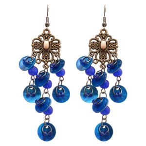 Vintage bohemian geometric shell tassel earrings with blue charms and bronze hooks