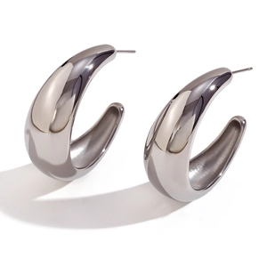 Polished silver stainless steel drop earrings with chunky teardrop crescent design