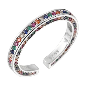Elegant S925 sterling silver open ring with colorful zircon double-row inlay for women