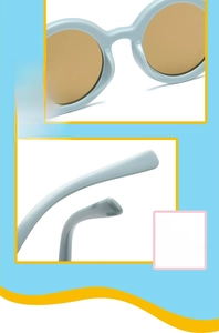 Detail view of round frame kids sunglasses showing soft nose pads and anti-slip temples