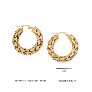 Close-up of golden mesh texture stainless steel round earrings with 3cm diameter detail