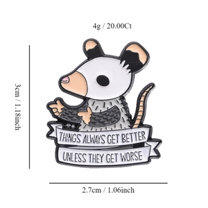 Macro view of cartoon opossum enamel pin with dimensions 3cm x 2.7cm and 4g weight