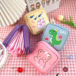 Set of four colorful cartoon sanitary napkin storage bags in pastel colors with cute patterns
