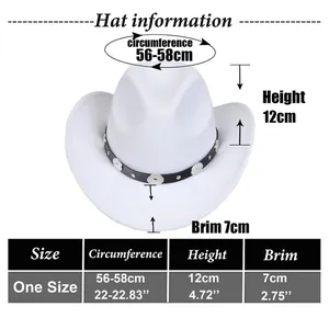 Size guide for western cowboy hat showing circumference, height and brim measurements