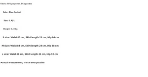 Detailed size chart for striped t-shirt and pleated skirt including measurements S to L