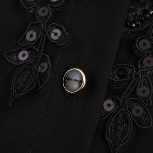 Women's black chiffon shirt with beaded lapel collar and lace embroidery details