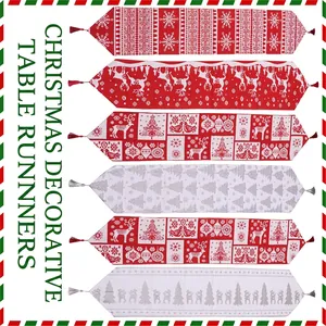 Christmas Table Runner Knitted Reindeer Snowflake Pattern With Tassels Festive Holiday Dining Table Decor