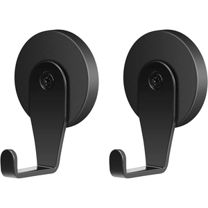 Pair of sleek black magnetic metal hooks with circular base and modern J-shaped design