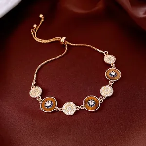 Bracelet Réglable Vintage Cuivre Plaqué Or 18K Oeil De Tigre Zircone Pendentif Rond Bijou Pour Femme
