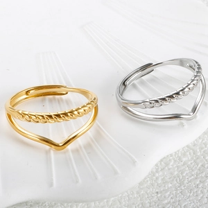 Fashionable gold and silver V-shaped layered open rings with braided metal texture