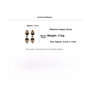 Detail view of water drop earrings with zircon, size 4.5x1.2cm and 17.4g weight