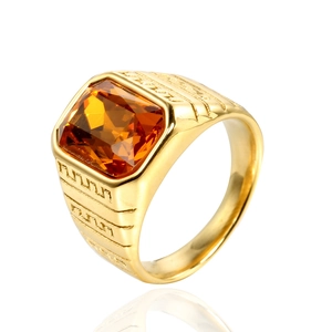 Men's gold titanium steel ring featuring square orange gemstone and geometric carvings