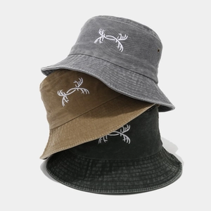 Bucket Hat Washed Cotton With Deer Antler Embroidery Vintage Sun Protection Outdoor Fishing For Men Women