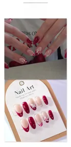 Detail of wine red press-on nails with 3D white lily floral art and French tips