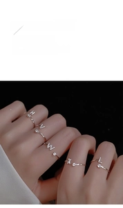 Detail of S925 sterling silver open ring featuring pavé crystal letter charm on a thin band
