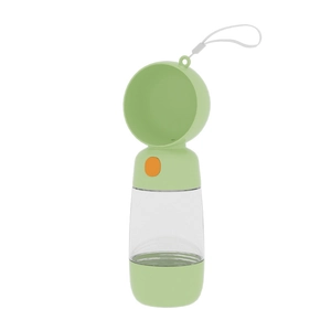 Portable pet water bottle with green bowl and leak-proof orange button for outdoor dogs