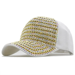 Fashionable white baseball cap with gold studs and colorful rhinestones for women