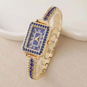Montre carrée dorée élégante avec strass bleus et chiffres romains pour femmes