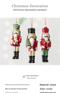 Detailed wood texture of three Nutcracker soldier pendants with festive painted accents