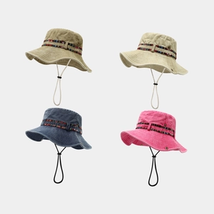Washed Cotton Cowboy Bucket Hat Ethnic Style Ribbon Adjustable Chin Strap Outdoor Hiking Sun Protection Retro